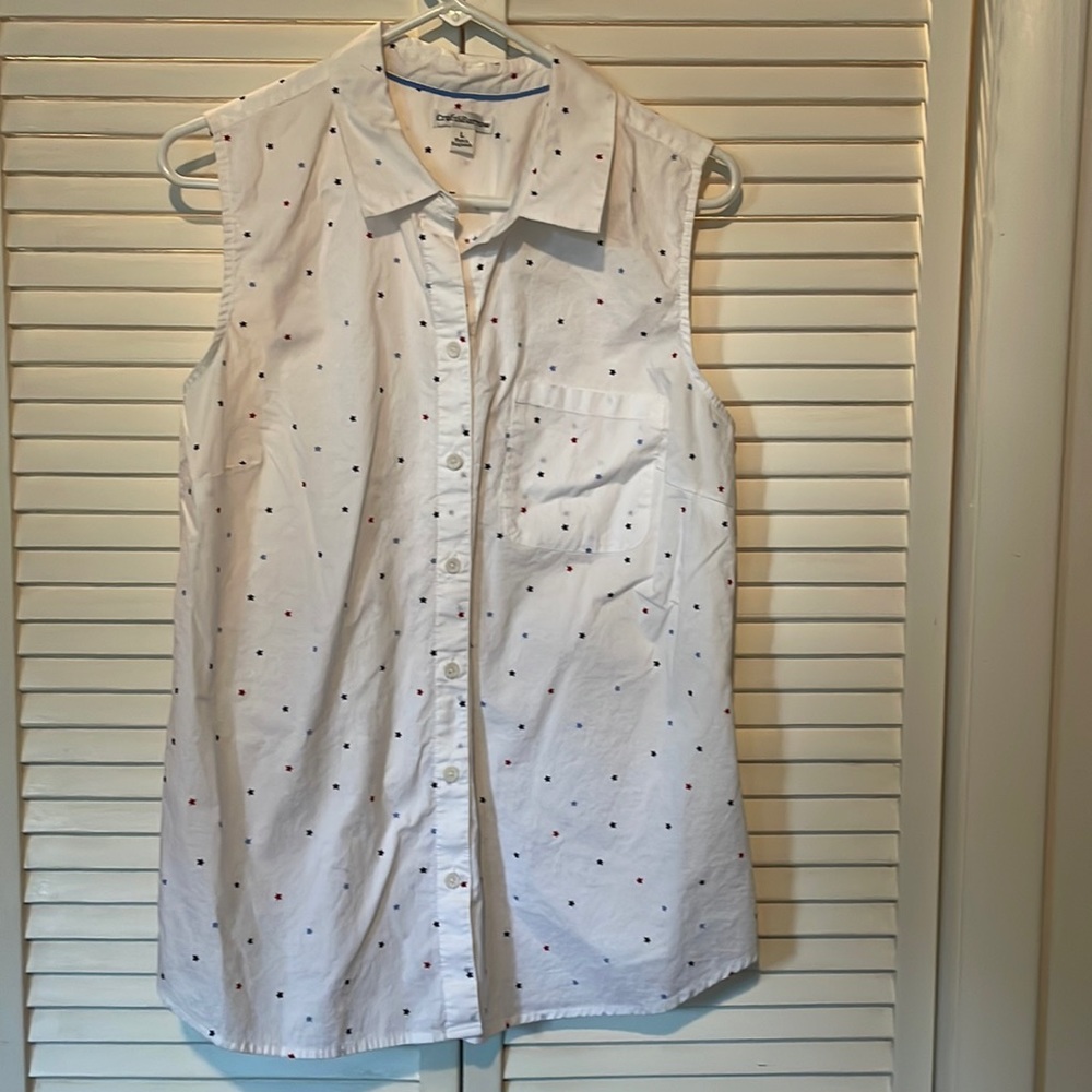 Red, white, and blue stars sleeveless button collar top.